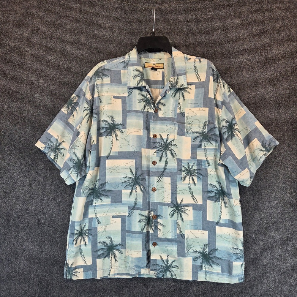 Tommy Bahama 100% Silk Palm Tree Tropical Camp Shirt Mens LG Blue Short Sleeve‎